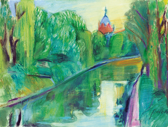 Abend am Landwehrkanal. Blick von der Baerwaldbrücke zur Heilig-Kreuz-Kirche